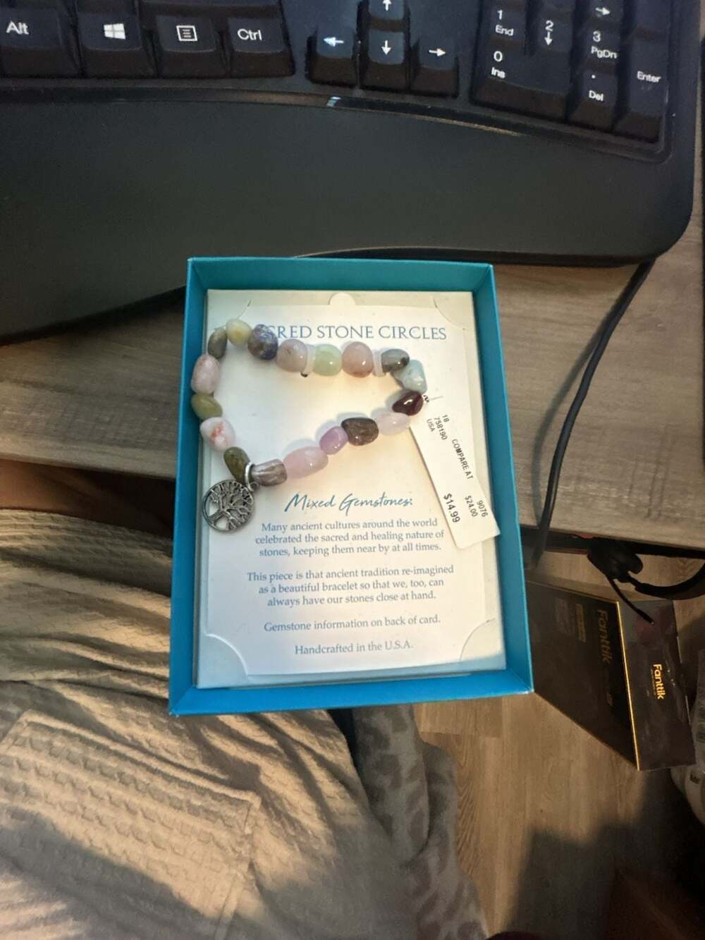 Sacred Stone Circles Mixed Gemstones Tree of Life Charm Stretch Bracelet